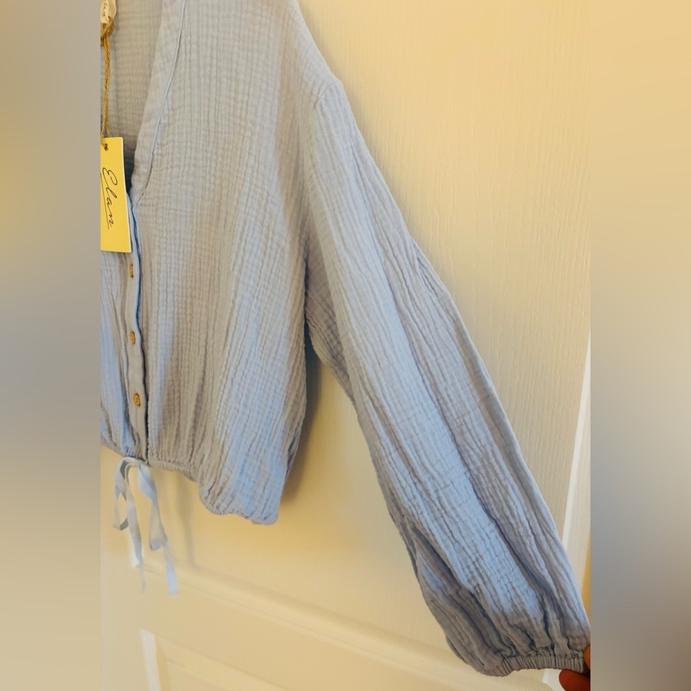 ELAN Long Sleeve Crop Drawstring Cora Button Down Top(S) - Picture 2 of 6
